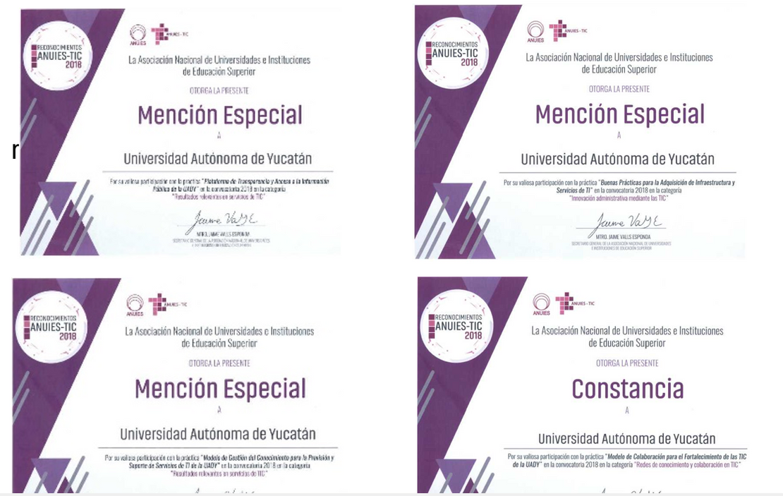 Figura 19. Fotos de las menciones especiales y constancia a los proyectos de TI de la Universidad Autónoma de Yucatán. 